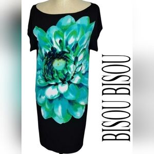 BISOU BISOU Pullover Stretch Dress, Black w/Blue Floral design  - 14